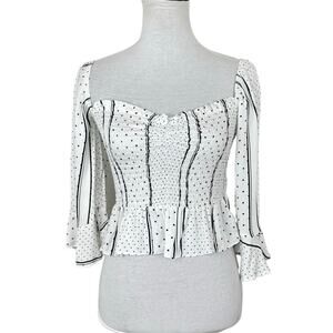 Olivaceous NWT White & Black Stripes Polka Dot Smocked Flare Sleeve Crop Top